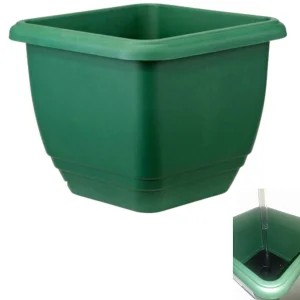 Hidrojardinera interior exterior. Cuadrada 30 cm. Plástico resina verde. Sistema riego automático incorporado.