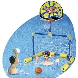 Juegos piscina niños con adultos. Juguetes 2 en 1. Portería y canasta. Flotante no hinchable. No requiere inflado. Incluye balones.