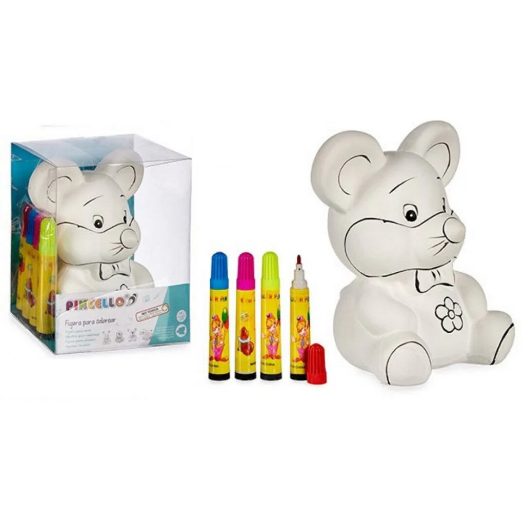 Kit set manualidades infantil para niños, niñas y adultos. Hucha cerámica ratón para pintar rotuladores. Figura decoración - Imagen 3