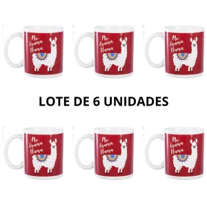 Lote de 6 tazas en color rojo con el dibujo de una graciosa llama. Tazas originales y graciosa para el desayuno. Tazas infantiles para niño y niña.